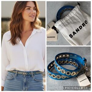 Sandro Paris Blue Leather Grommet Belt Gold Hardware T1 Small